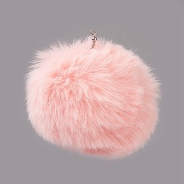 Honeyhandy Handmade Faux Rabbit Fur Pom Pom Ball Covered Pendants, Fuzzy Bunny Hair Balls, with Elastic Fiber, Pink, 55~74mm, Hole: 5mm