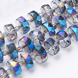 Electroplat Glass Beads Strands, Rainbow Plated, Faceted, Rondelle, Blue, 8x5mm, Hole: 1.2mm, about 80pcs/strand, 22.83 inch