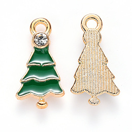 Honeyhandy Alloy Enamel Pendants, with Crystal Rhinestone, for Christmas, Christmas Tree, Light Gold, Green, 21x11x3mm, Hole: 1.8mm