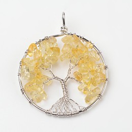 Honeyhandy Tree of Life Natural Citrine Big Pendants, with Brass Findings, Platinum, 63~65x49~51x8~10mm, Hole: 8~10mm