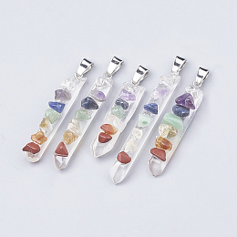 Honeyhandy Chakra Natural Quartz Crystal Pointed Pendants, with Mixed Stone & Iron Findings, Nuggets, Platinum, 36~52x7~9x9~10mm, Hole: 6x3mm