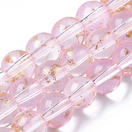 Honeyhandy Transparent Spray Painted Glass Bead Strands, with Golden Foil, Round, Pink, 6~7mm, Hole: 1.2~1.5mm, about 65~67pcs/Strand, 14.76 inch~15.12 inch(37.5~38.4cm)