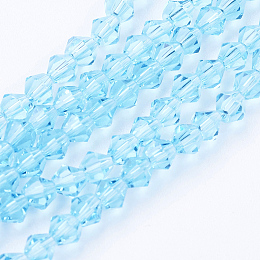 Honeyhandy Light Sky Blue Glass Bicone Beads Strands, Faceted, 4x4mm, Hole: 1mm, about 92~96pcs/strand, 13.78~14.37 inch