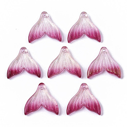 Honeyhandy Transparent Spray Painted Glass Pendants, with Glitter Powder, Fishtail Shape, Crimson, 19x19.5x3.5mm, Hole: 1.2mm