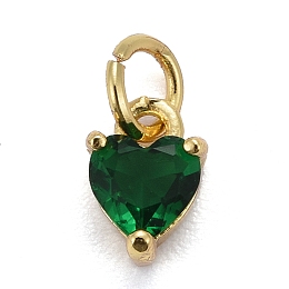 Honeyhandy Brass Micro Pave Cubic Zirconia Charms, Long-Lasting Plated, Real 18K Gold Plated, Heart, Green, 8x5x3.5mm, Hole: 3mm