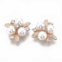 Honeyhandy Alloy Cabochons, with Rhinestone and ABS Plastic Imitation Pearl, Flower, Creamy White, Light Gold, 23x23x9mm