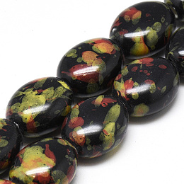 Honeyhandy Handmade Porcelain Beads, Fancy Antique Glazed Porcelain, Oval, Black, 15.5~16x13~14x9~9.5mm, Hole: 2mm