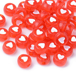 Honeyhandy Transparent Acrylic Beads, Flat Round with White Heart, Red, 7x3.5mm, Hole: 1.8mm, about 370pcs/50g