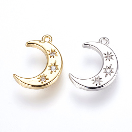 Honeyhandy Brass Charms, with Cubic Zirconia, Moon, Mixed Color, 16x10x2mm, Hole: 1.2~1.5mm