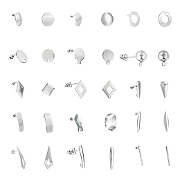 Unicraftale 304 Stainless Steel Stud Earring Findings, with Loop and Ear Nuts/Earring Backs, Mixed Shapes, Stainless Steel Color, 74x72x17mm; 30pcs/box