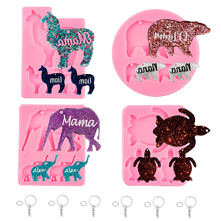 Olycraft DIY Animal Theme Keychain Making Kits, with Pendant Silicone Molds, Resin Casting Molds, Iron Keychain Ring and Iron Jump Rings, Pink, 99~120x81~84x6~7mm