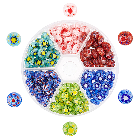 Olycraft Handmade Millefiori Glass Beads, Flat Round, Mixed Color, 8x3mm, Hole: 1mm, 6 colors, 30pcs/color, 180pcs/box