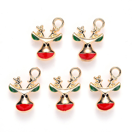 ARRICRAFT Alloy Enamel Pendants, for Christmas, Christmas Reindeer/Stag, Light Gold, Red, 17x12x3.5mm, Hole: 2.5mm