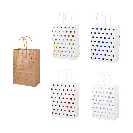 Honeyhandy Magibeads 30Pcs 5 Colors Kraft Paper Gift Bags, Portable Tote Shopping Bag, with Gold Foil Polka Dot Pattern and Handles, Party Gift Wrapping Bags, Rectangle, Mixed Color, 21x15x0.2cm, 6pcs/color