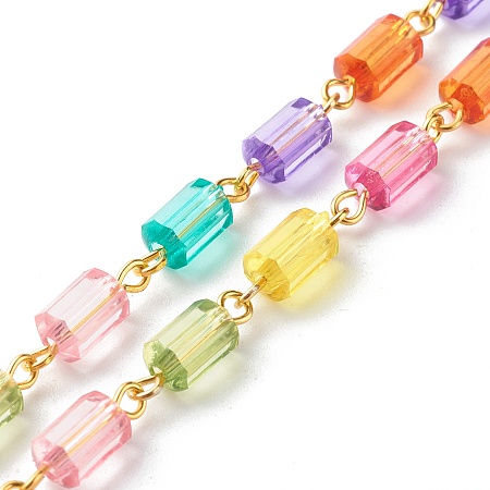 Handmade Transparent Frosted Acrylic Beaded Chains, with Iron Findings, Unwelded, Faceted, Column, Colorful, 8.5~9x5mm, about 32.8 Feet(10m)/Strand