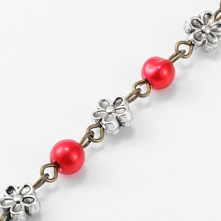 Handmade Round Glass Pearl Beads Chains for Necklaces Bracelets Making, with Tibetan Style Alloy Flower Links and Iron Eye Pin, Unwelded, Red, 39.3 inches