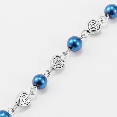 Handmade Round Glass Pearl Beads Chains for Necklaces Bracelets Making, with Tibetan Style Alloy Heart Beads and Iron Eye Pin, Unwelded, Dodger Blue, 39.3 inches