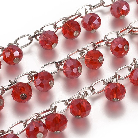 Handmade Faceted Rondelle Glass Beads Chains for Necklaces Bracelets Making, with Iron Cross Chains and Eye Pin, Unwelded, Red, 39.3; about 94pcs/strand