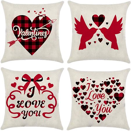 GLOBLELAND Set of 4 Valentines Day Pillow Covers 18 x 18 Inch Holiday Anniversary Wedding Throw Pillow Covers Cushion Cover with Words I Love You Love Heart Design for Home Decor Sofa Bedroom