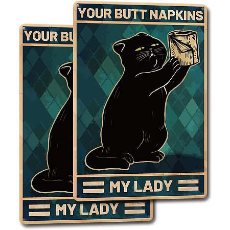 GLOBLELAND 2PCS Black Cat Metal Tin Sign Restroom Sign Your Butt Napkins My Lady Decor Home and Business Plaques Wall Sign 7.8×11.8inch