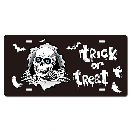 CREATCABIN Metal Tin Sign Halloween Trick or Treat Skeleton Ghost Bat Retro Vintage Funny Wall Art Mural Hanging Iron Painting for Home Garden Bar Pub Kitchen Living Room Office Plaque 12x6inch