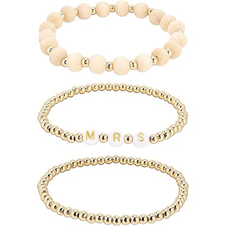 BENECREAT 3 Style Mrs Letter Stretch Bracelet Set, Stackable Brass Wood Bead Bangles Jewelry for Birthday, Parties, Holiday, Anniversary, Wedding and Valentine's Day Gift
