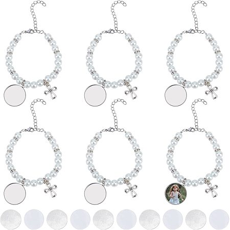 CHGCRAFT 6Pcs Rosary Sublimation Bracelets Heat Transfer Blank Bracelet Sublimation Bracelets Rosary with Glass Pearl Beaded Cross Charm Bracelets for Baptism Jewelry DIY Making