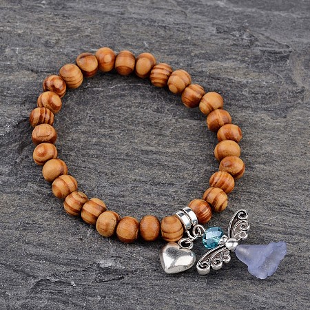 Honeyhandy Alloy Acrylic Charm Bracelets, with Round Wood Beads, Lovely Wedding Dress Angel Dangle, Light Blue, 46mm