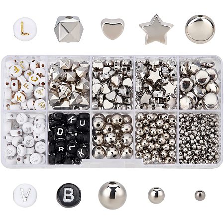 CHGCRAFT 825Pcs Sliver Spacer Beads Star Round Rondelle Heart Spacer Column Beads White Acrylic Alphabet Letter Beads for DIY Jewelry Making 3~9x3~10x2.5~7mm