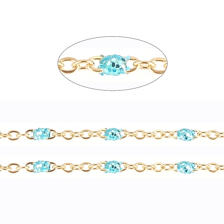 Honeyhandy 304 Stainless Steel Handmade Beaded Chain, Cable Chains, with Enamel and Glitter Powder, Long-Lasting Plated, Soldered, with Spool, Flat Oval, Turquoise, 2x1.5x0.3mm, Bead: 2mm, about 32.8 Feet(10m)/roll