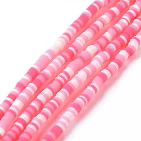 Honeyhandy Handmade Polymer Clay Beads Strands, for DIY Jewelry Crafts Supplies, Heishi Beads, Disc/Flat Round, Pink, 3x0.6~1.2mm, Hole: 1.6~1.8mm, about 412pcs/strand, 15.94 inch(40.5cm)