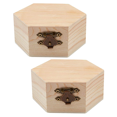 GORGECRAFT 2PCS Unfinished Wood Box Hexagon Wooden Storage Box with Hinged Lid and Front Clasp for DIY Easter Arts Hobbies Jewelry Box, 3.6 x 3.4 Inch