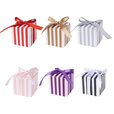 Magibeads 60 Sets 6 Colors Square Foldable Creative Paper Gift Box, Stripe Pattern with Ribbon, Decorative Gift Box for Weddings, Mixed Color, 55x55x55mm, 10sets/color