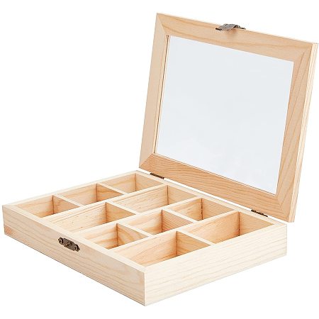 OLYCRAFT Wooden Storage Box 10 Gird Naural Wood Box Rectangle Wood Box with Hinged Lid and Front Clasp for Crafting Making Jewelry Box