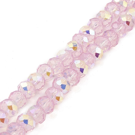 Baking Painted Transparent Glass Beads Strands, Imitation Opalite, Faceted, AB Color Plated, Round, Pearl Pink, 8x6.5mm, Hole: 1.4mm, about 64~65pcs/strand, 16.34~16.54''(41.5~42cm)