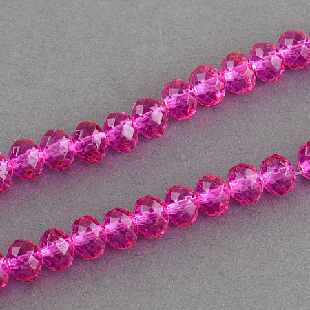 Honeyhandy Spray Painted Glass Bead Strands, Faceted, Rondelle, Hot Pink, 6x5mm, Hole: 1mm, about 87~90pcs/strand, 18.8 inch