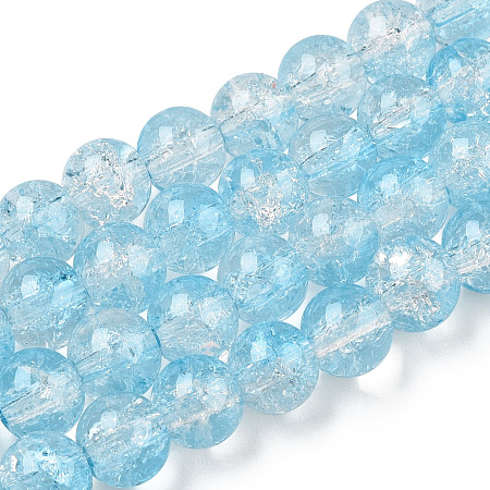 Transparent Crackle Baking Painted Glass Beads Strands, Imitation Opalite, Round, Light Blue, 8.5x7.5mm, Hole: 1.5mm, about 107~109pcs/strand, 30.71 inch~31.30 inch(78~79.5cm)