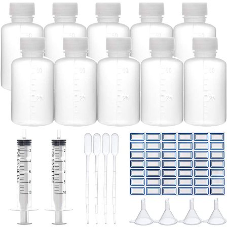 BENECREAT 30 Pack 50ml Graduated Plastic Squeeze Sample Bottle Liquid Reagent Bottle with Screw Cap, Syringe, Funnel, Pipettes, Label for Liquid Laboratory