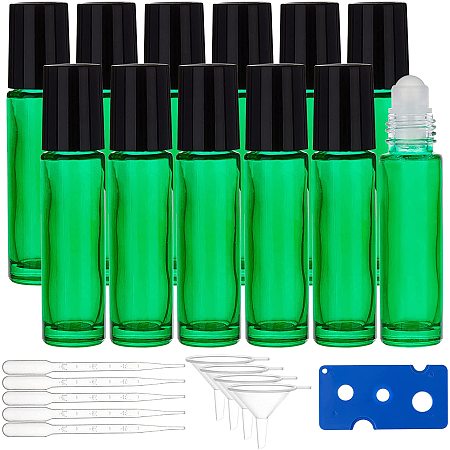 BENECREAT 10ml 20 Packs Green Glass Roller Bottles Oils Roll on Bottles with Glass Roller Balls 10pcs 3ml Droppers, 4pcs Hopper, 1pc Opener for Aromatherap Essential Oil
