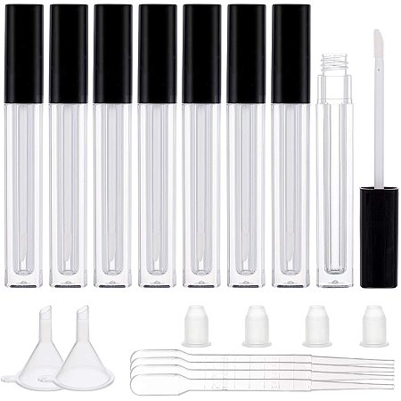 BENECREAT 12 Pack 3ml Empty Square Lip Gloss Tube Clear Refillable Lip Balm Tube with Black Lid, Rubber Inserts and Wands, Plastic Funnel Hopper and Droppers for for DIY Lip Gloss