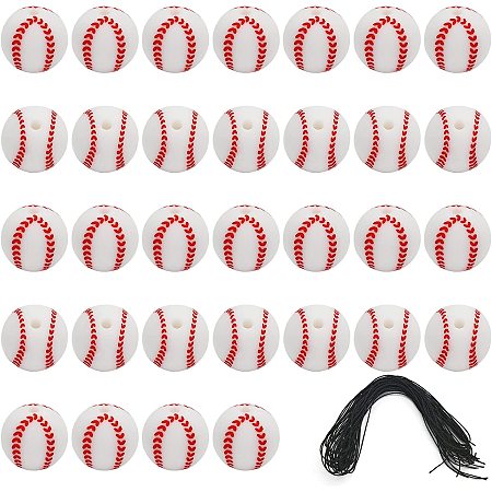 CHGCRAFT 36Pcs Baseball Silicone Bead 10mm Baseball Beads with 12 Yards Waxed Cotton Cord Sport Theme Charm Bracelets for Bracelet Making, 10x9.5mm
