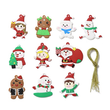 PVC Hanging Decorations, with Cord, Christmas Theme, Mixed Shapes, Mixed Color, Pendant: 64~71x44~61.5x2.5~3.5mm, Hole: 3.8~4mm, 10pcs/set