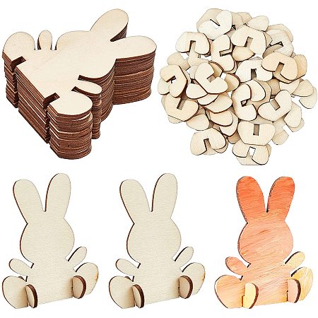 SUPERFINDINGS 30 Sets 68x59x2mm Rabbit Wooden Stand Decor Unfinished Wood Easter Bunny 3D Rabbit Ornament Cutouts for DIY Craft Painting Table Decoration