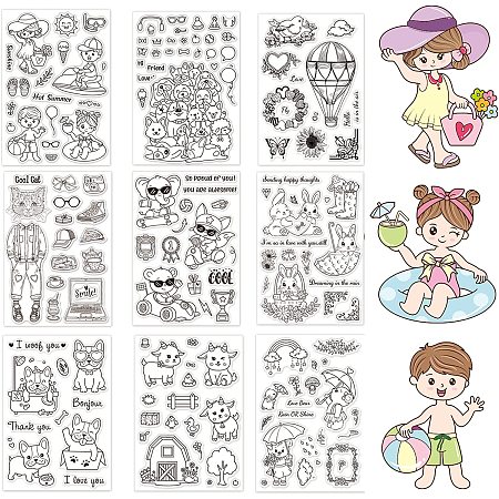 GLOBLELAND 9Sheets Animals Summer Children Clear Stamp French Bulldog and Bear Silicone Clear Stamp Sheep and Cat Rubber Stamps for Scrapbook Journal Card Making