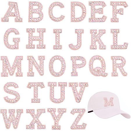 NBEADS 26 Pcs A-Z Letter Glass Rhinestone Patches, Light Pink Glitter Alphabet Applique Rhinestone English Letter Sew On Patch for DIY Clothes Dress Plant Hat Jeans Sewing Supplies