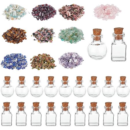Pandahall Elite 20pcs Cube/Round Mini Glass Wishing Bottles with 100g 10 Colors Undrilled Tumbled Gemstone Crystal Chips Stones for Pendants Necklace Jewelry Making Candles Home Decoration, 10g/Color