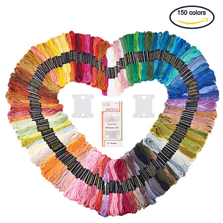 PandaHall Elite150 Colors Cotton Cross Stitch Embroidery Threads Crafts Floss Sewing Threads with Embroidery Needles and Floss Bobbins