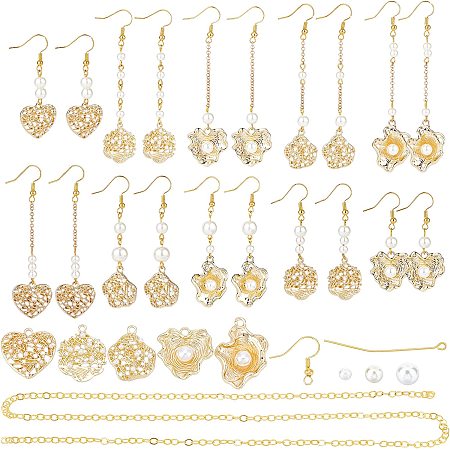 SUNNYCLUE 1 Box DIY Make 10 Pairs Imitation Pearl Beads Earring Making Kit Flower Heart Charms Leaf Pendants with 3 Size Glass Pearl Beads for Adults DIY Earring Jewellery Making Crafts, Gold