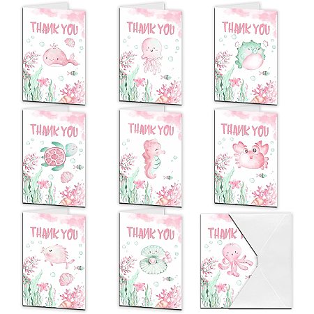 ARRICRAFT 9Pcs Thank You Cards Marine Life Series Rectangle Thanks Theme Greeting Cards Set Thank You Notes with Envelopes for Thanksgiving Gift, Mother's Day, Father's Day About 5.9x3.9in