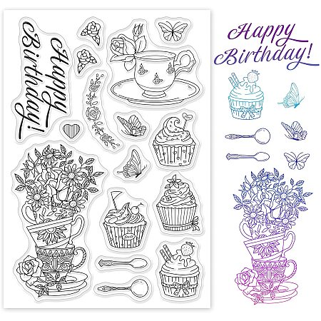 GLOBLELAND Happy Birthday Sweet Tea Cup Clear Stamps Transparent Silicone Stamp for Card Making Decoration and DIY Scrapbooking Best Wishes Feather Dreamcatcher